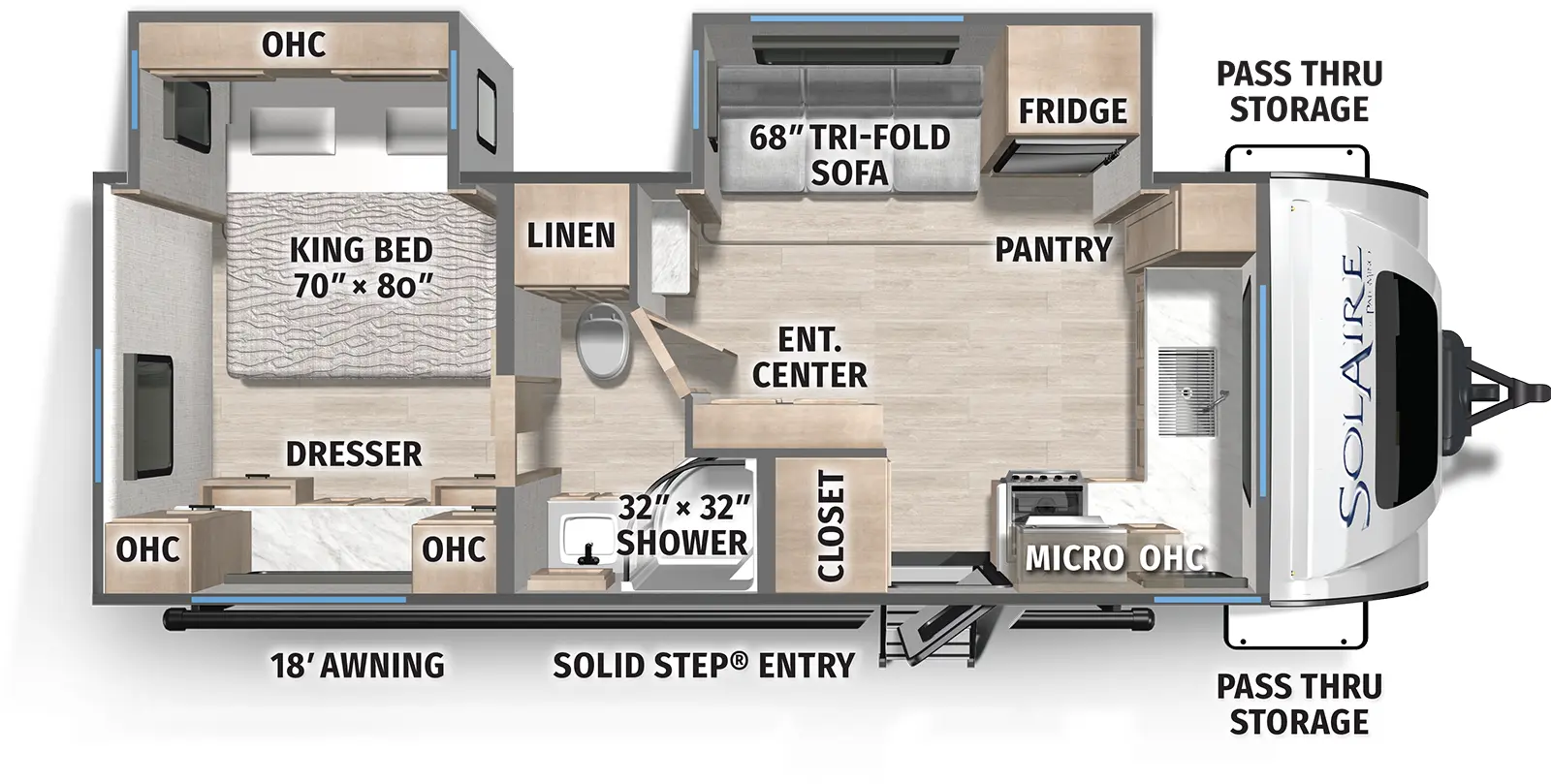 The SolAire Ultra Lite 2300FKBS floorplan has one entry and two slide outs. Exterior features include: fiberglass exterior and 18' awning. Interiors features include: front kitchen, rear bedroom and pass through bathroom.